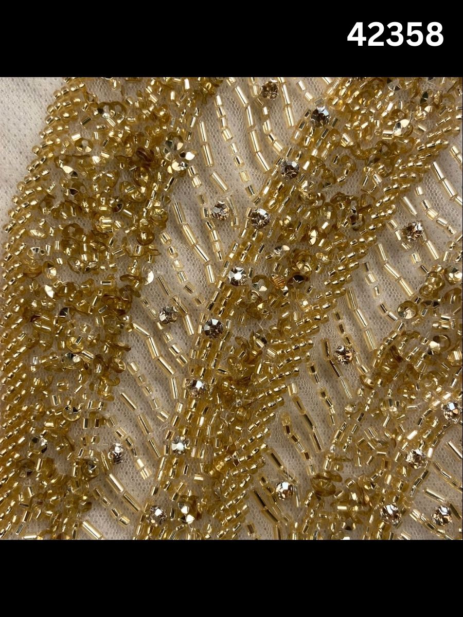 #42358 Luxurious Hand-Beaded Geometric Design Fabric with Intricate Beads, Sequins & Rhinestones – Couture Textile for Bridal, Eveningwear & Statement Pieces
