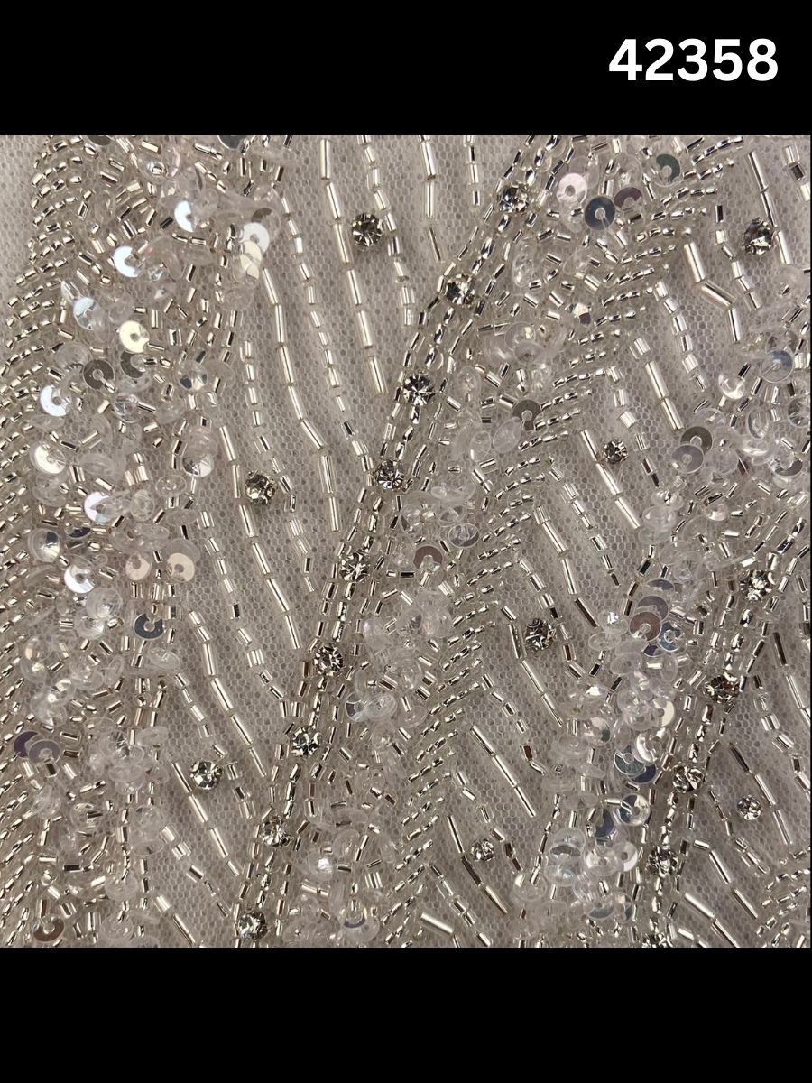 #42358 Luxurious Hand-Beaded Geometric Design Fabric with Intricate Beads, Sequins & Rhinestones – Couture Textile for Bridal, Eveningwear & Statement Pieces