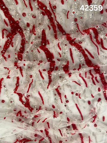 #42359  Red & Silver Hand-Beaded Fabric with Rhinestones, Sequins & Beads