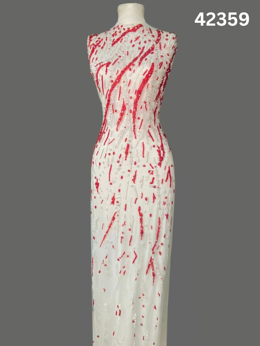 #42359  Red & Silver Hand-Beaded Fabric with Rhinestones, Sequins & Beads