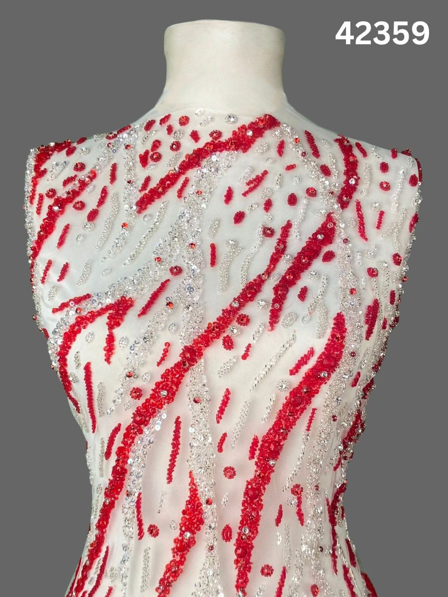 #42359  Red & Silver Hand-Beaded Fabric with Rhinestones, Sequins & Beads