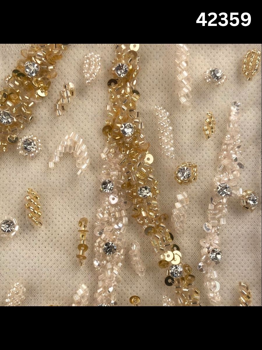 #42359  Red & Silver Hand-Beaded Fabric with Rhinestones, Sequins & Beads