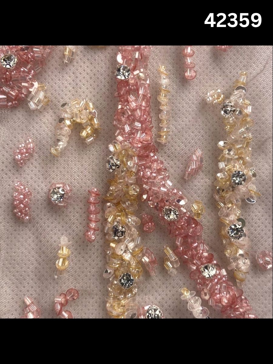 #42359  Red & Silver Hand-Beaded Fabric with Rhinestones, Sequins & Beads