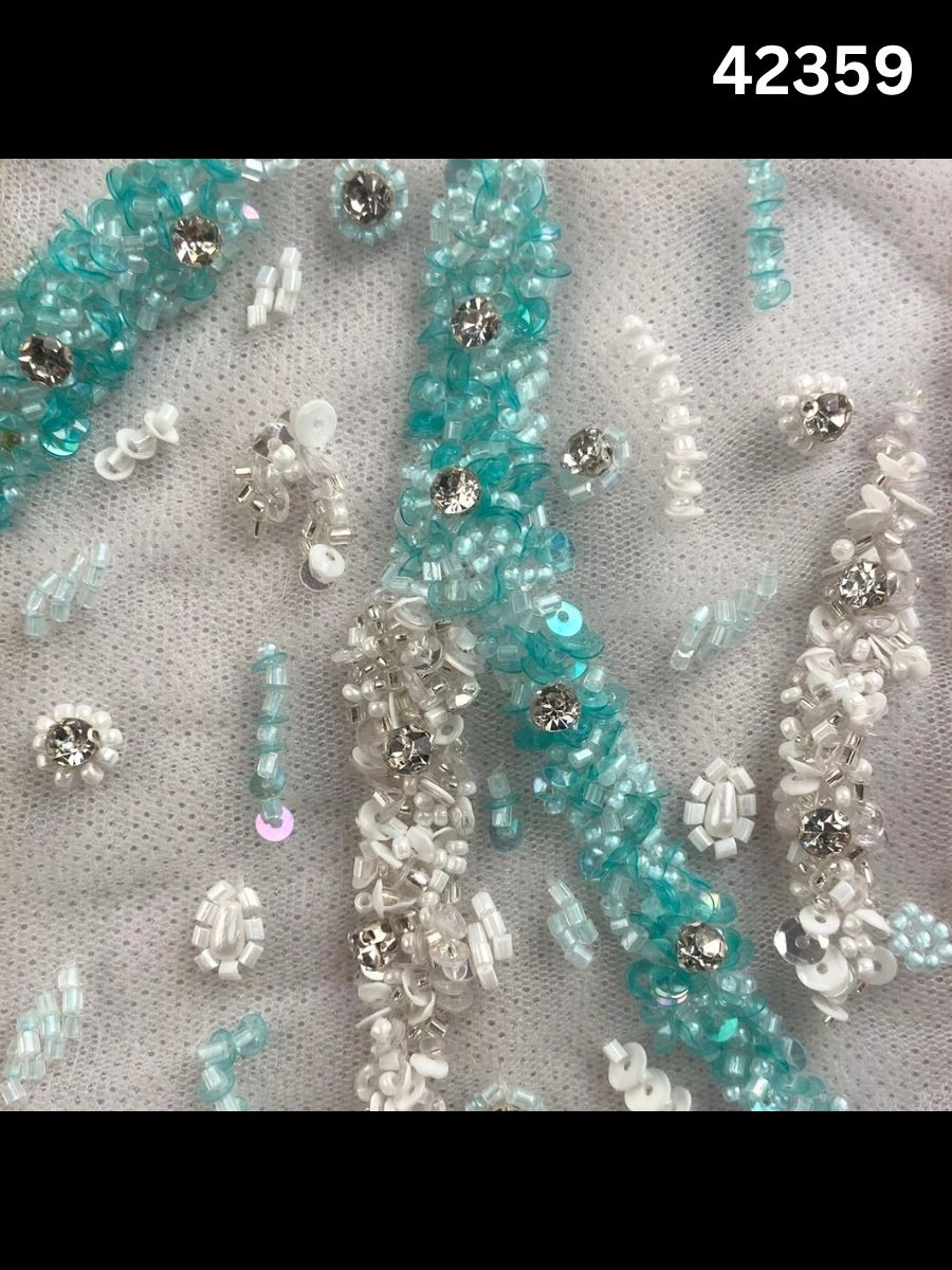 #42359  Red & Silver Hand-Beaded Fabric with Rhinestones, Sequins & Beads