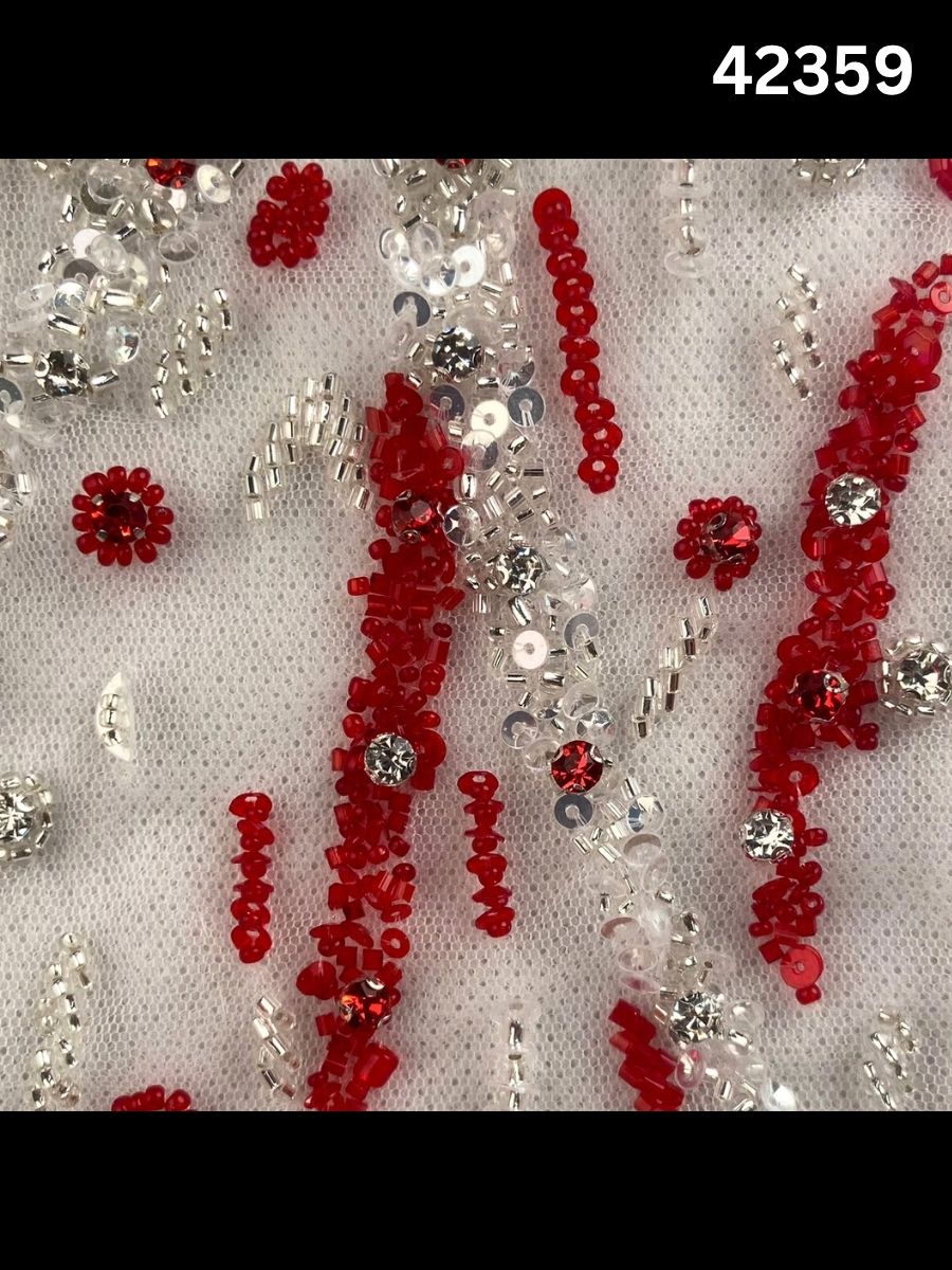 #42359  Red & Silver Hand-Beaded Fabric with Rhinestones, Sequins & Beads