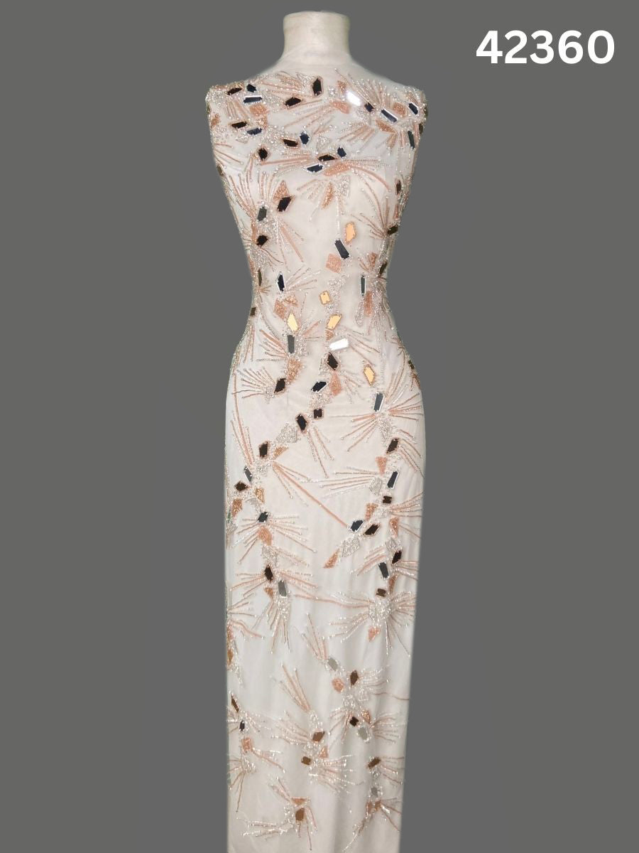 #42360 Luxurious Hand-Beaded Fabric in Elegant – Abstract Design Embellished with Rhinestones, Sequins, Glass Beads & Intricate Handwork – Ideal for Couture, Bridal, and Occasion Wear