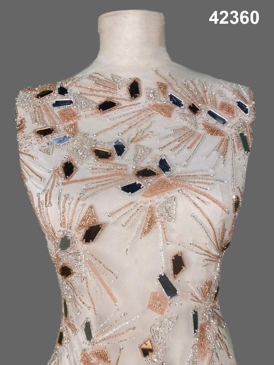 #42360 Luxurious Hand-Beaded Fabric in Elegant – Abstract Design Embellished with Rhinestones, Sequins, Glass Beads & Intricate Handwork – Ideal for Couture, Bridal, and Occasion Wear