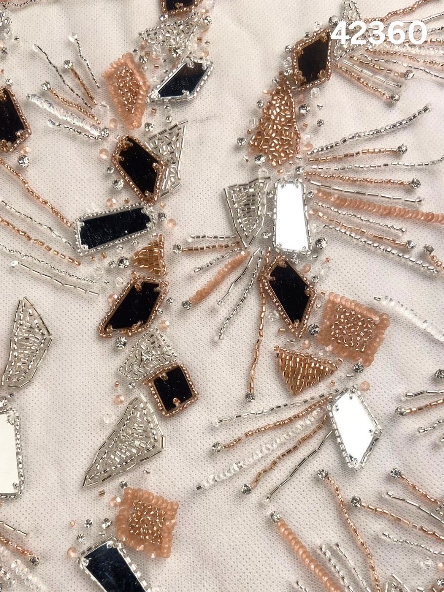 #42360 Luxurious Hand-Beaded Fabric in Elegant – Abstract Design Embellished with Rhinestones, Sequins, Glass Beads & Intricate Handwork – Ideal for Couture, Bridal, and Occasion Wear