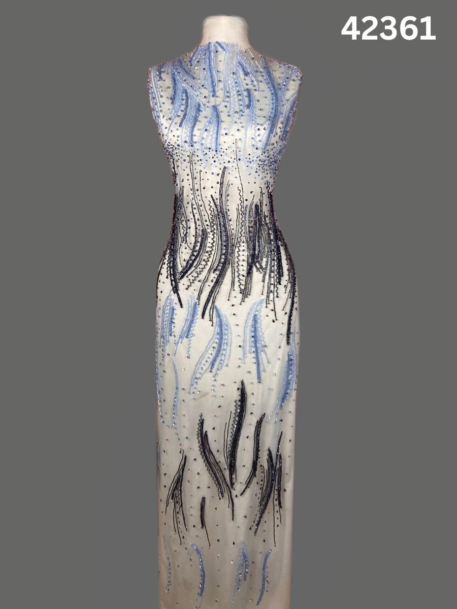 #42361 Exquisite Hand-Beaded Fabric with Geometric Design – Embellished with Beads, Rhinestones, Crystals & Sequins for Haute Couture, Gowns, Evening Wear & Statement Fashion