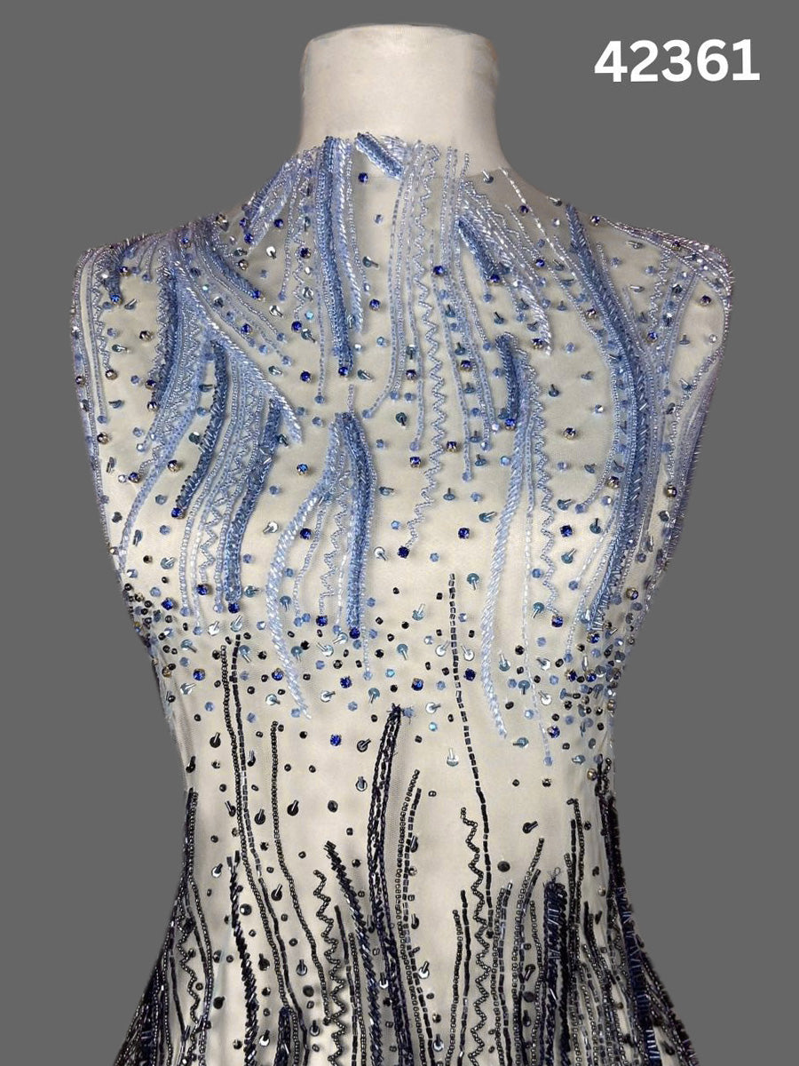#42361 Exquisite Hand-Beaded Fabric with Geometric Design – Embellished with Beads, Rhinestones, Crystals & Sequins for Haute Couture, Gowns, Evening Wear & Statement Fashion