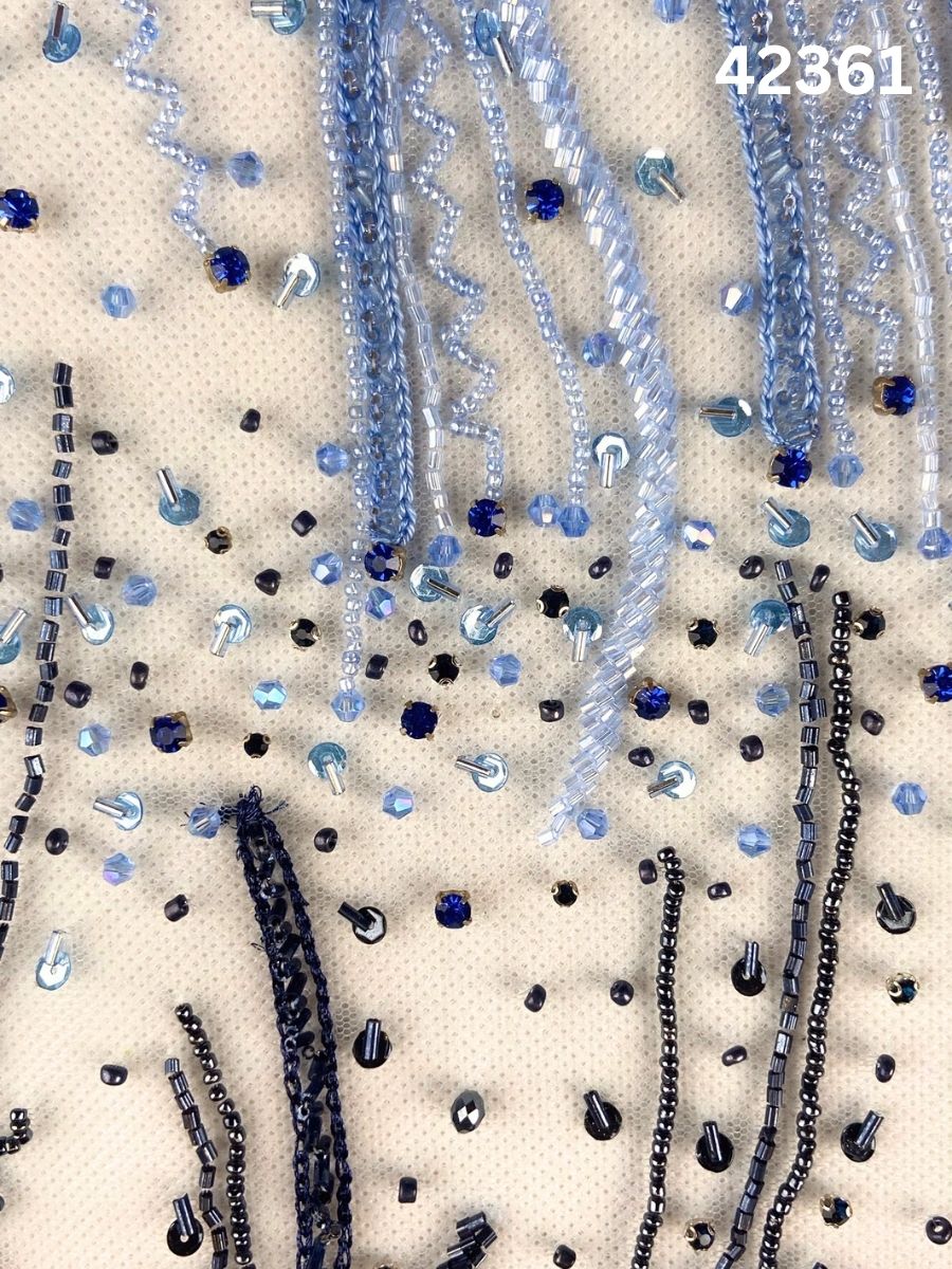#42361 Exquisite Hand-Beaded Fabric with Geometric Design – Embellished with Beads, Rhinestones, Crystals & Sequins for Haute Couture, Gowns, Evening Wear & Statement Fashion