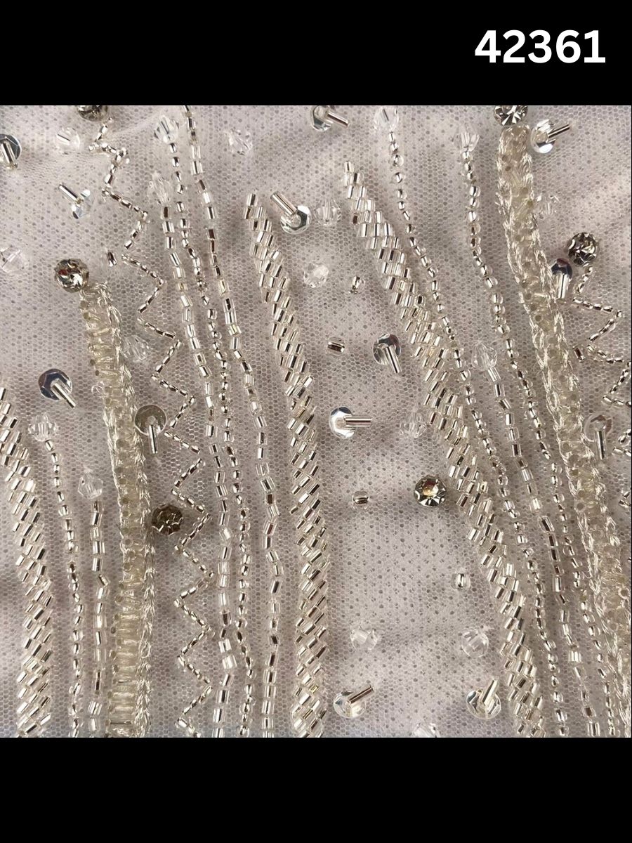 #42361 Exquisite Hand-Beaded Fabric with Geometric Design – Embellished with Beads, Rhinestones, Crystals & Sequins for Haute Couture, Gowns, Evening Wear & Statement Fashion