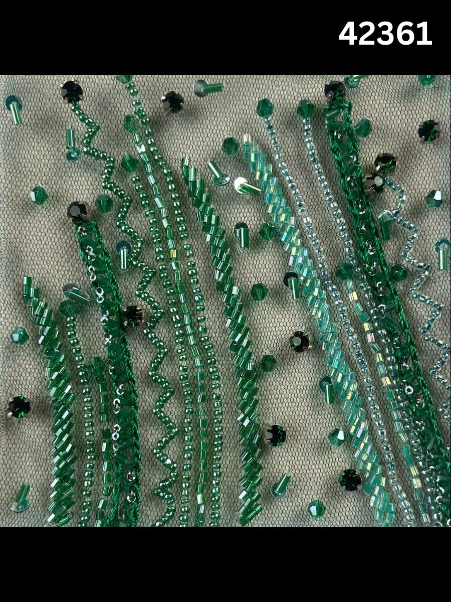 #42361 Exquisite Hand-Beaded Fabric with Geometric Design – Embellished with Beads, Rhinestones, Crystals & Sequins for Haute Couture, Gowns, Evening Wear & Statement Fashion
