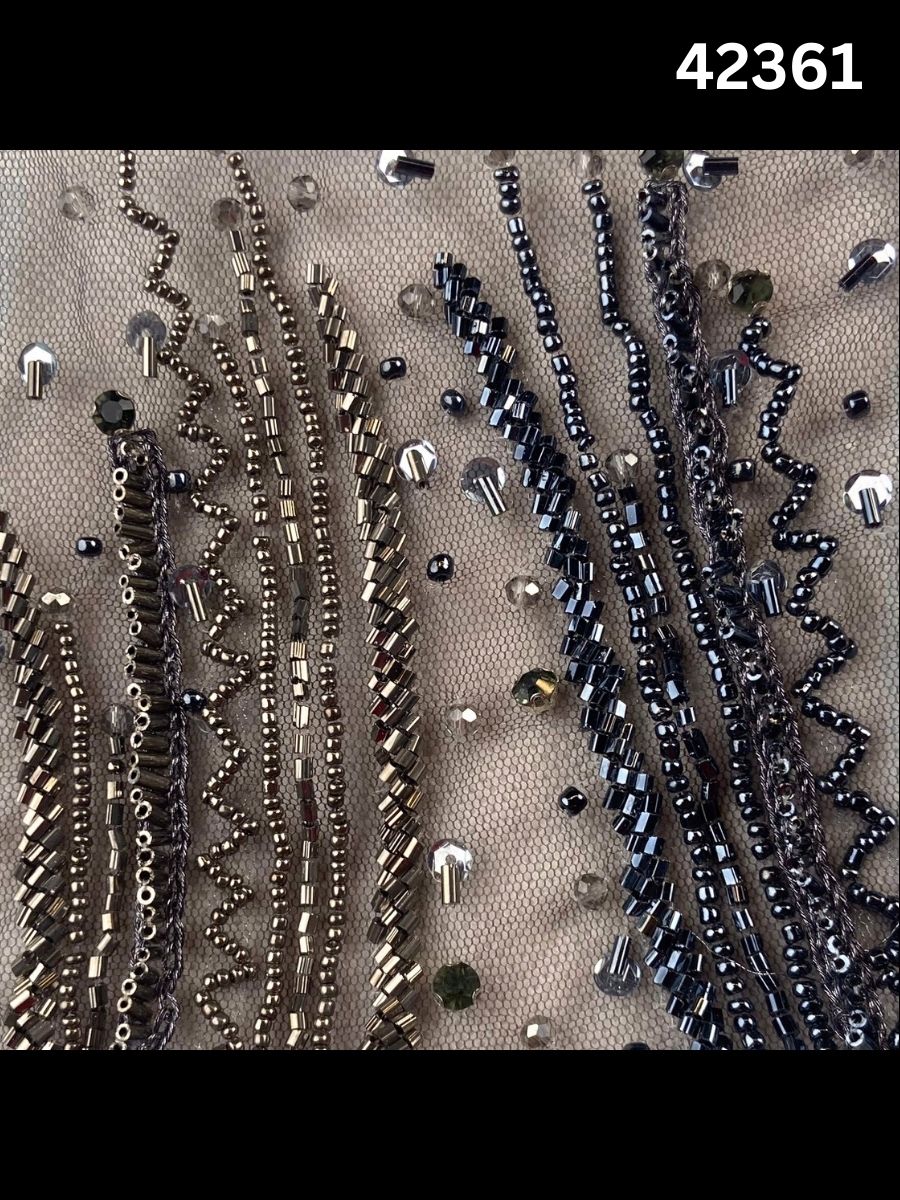 #42361 Exquisite Hand-Beaded Fabric with Geometric Design – Embellished with Beads, Rhinestones, Crystals & Sequins for Haute Couture, Gowns, Evening Wear & Statement Fashion