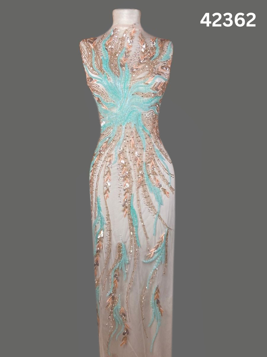 #42362 Vibrant Abstract Design Fabric Beaded with Colorful Beads, Sequins, and Intricate Thread Work – A Stunning Fusion of Artistic Elegance and Dynamic Detailing