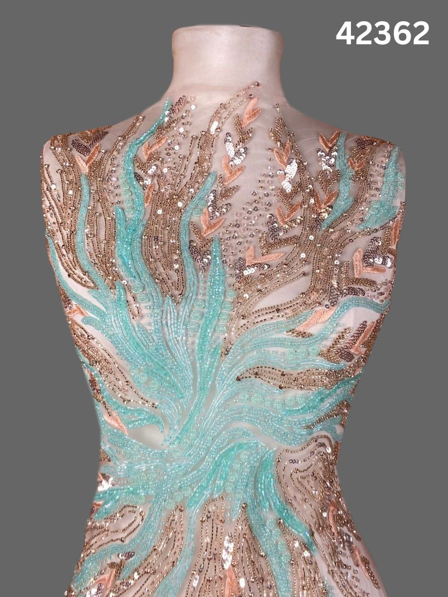 #42362 Vibrant Abstract Design Fabric Beaded with Colorful Beads, Sequins, and Intricate Thread Work – A Stunning Fusion of Artistic Elegance and Dynamic Detailing