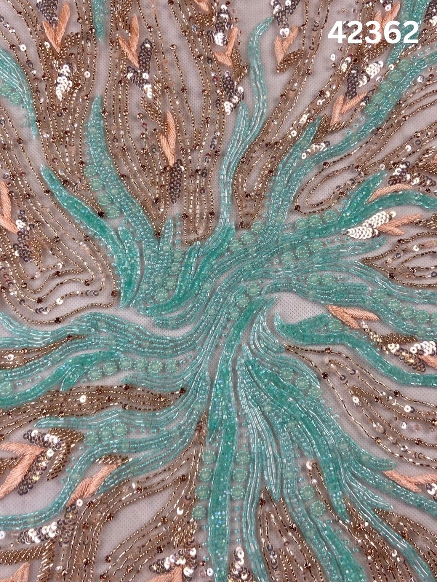 #42362 Vibrant Abstract Design Fabric Beaded with Colorful Beads, Sequins, and Intricate Thread Work – A Stunning Fusion of Artistic Elegance and Dynamic Detailing