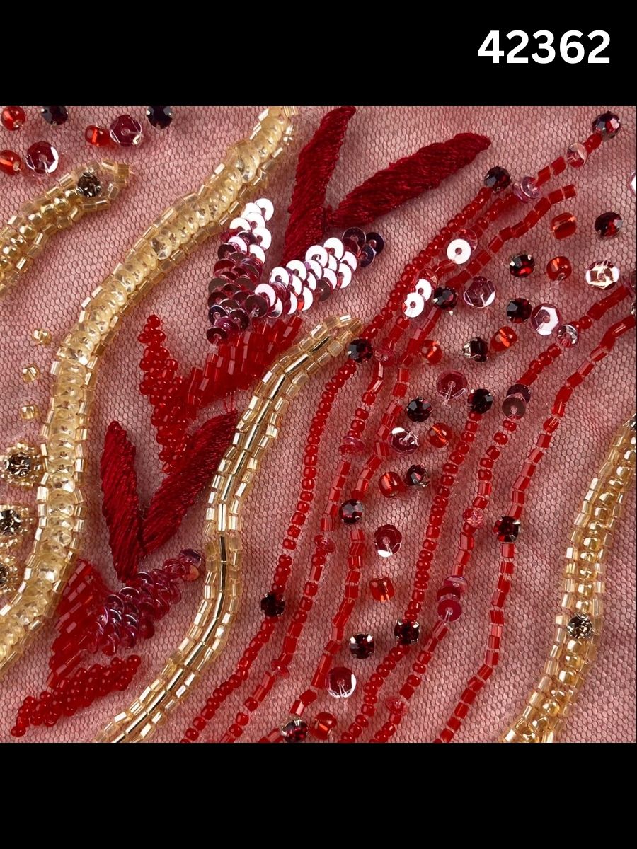 #42362 Vibrant Abstract Design Fabric Beaded with Colorful Beads, Sequins, and Intricate Thread Work – A Stunning Fusion of Artistic Elegance and Dynamic Detailing