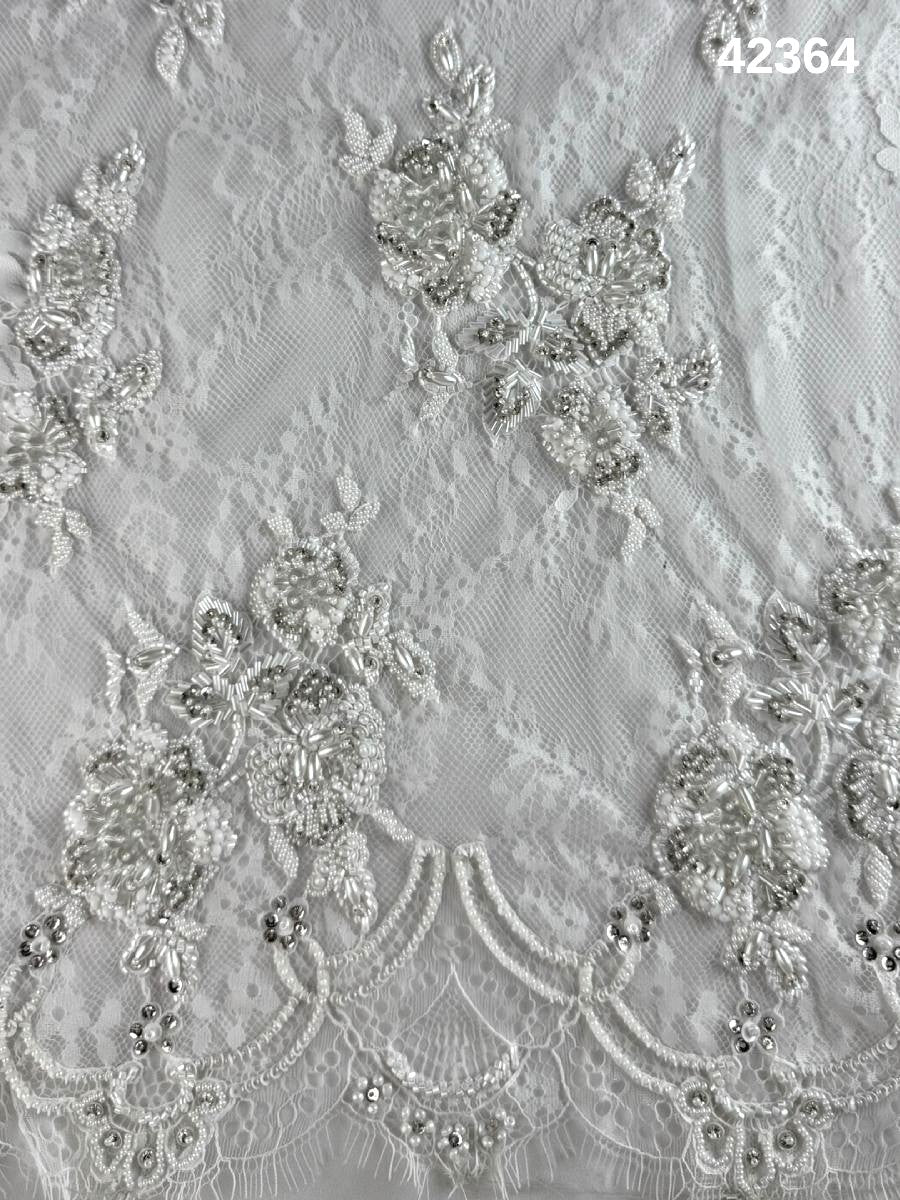 #42364 Luxurious Hand-Beaded Lace with Exquisite Floral Motifs, Beads, Sequins, and Rhinestones