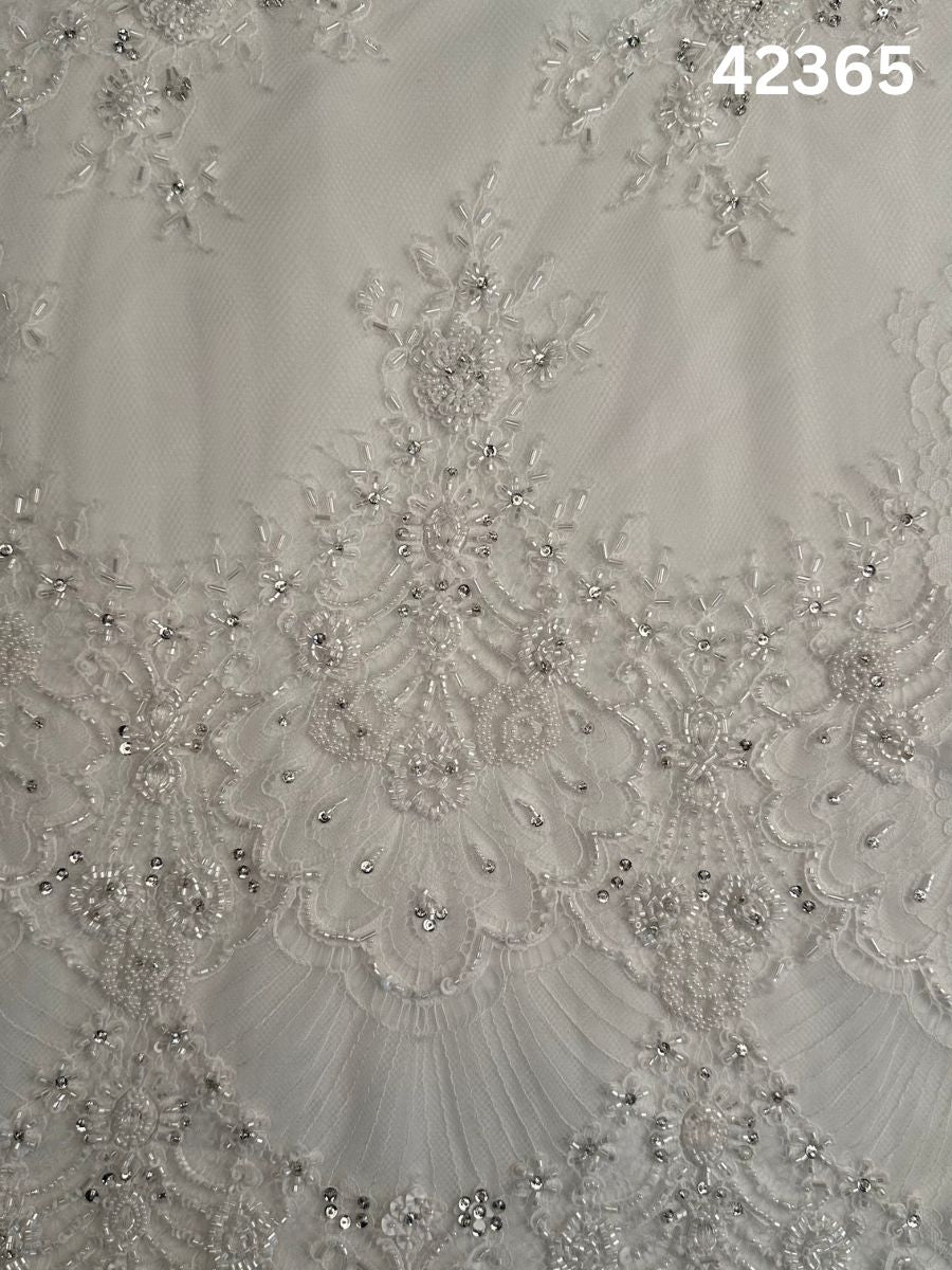 #42365 Exquisite French Lace Embellished with Beads, Sequins, and Rhinestones – Perfect for Bridal Gowns, Couture Fashion, and Special Occasions