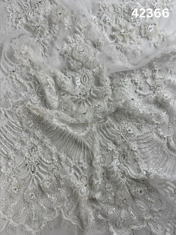 #42366 Luxurious Hand-Beaded Lace Fabric – Intricate Floral Design Adorned with Appliques, Sequins, Beads, and Pearls for Timeless Elegance
