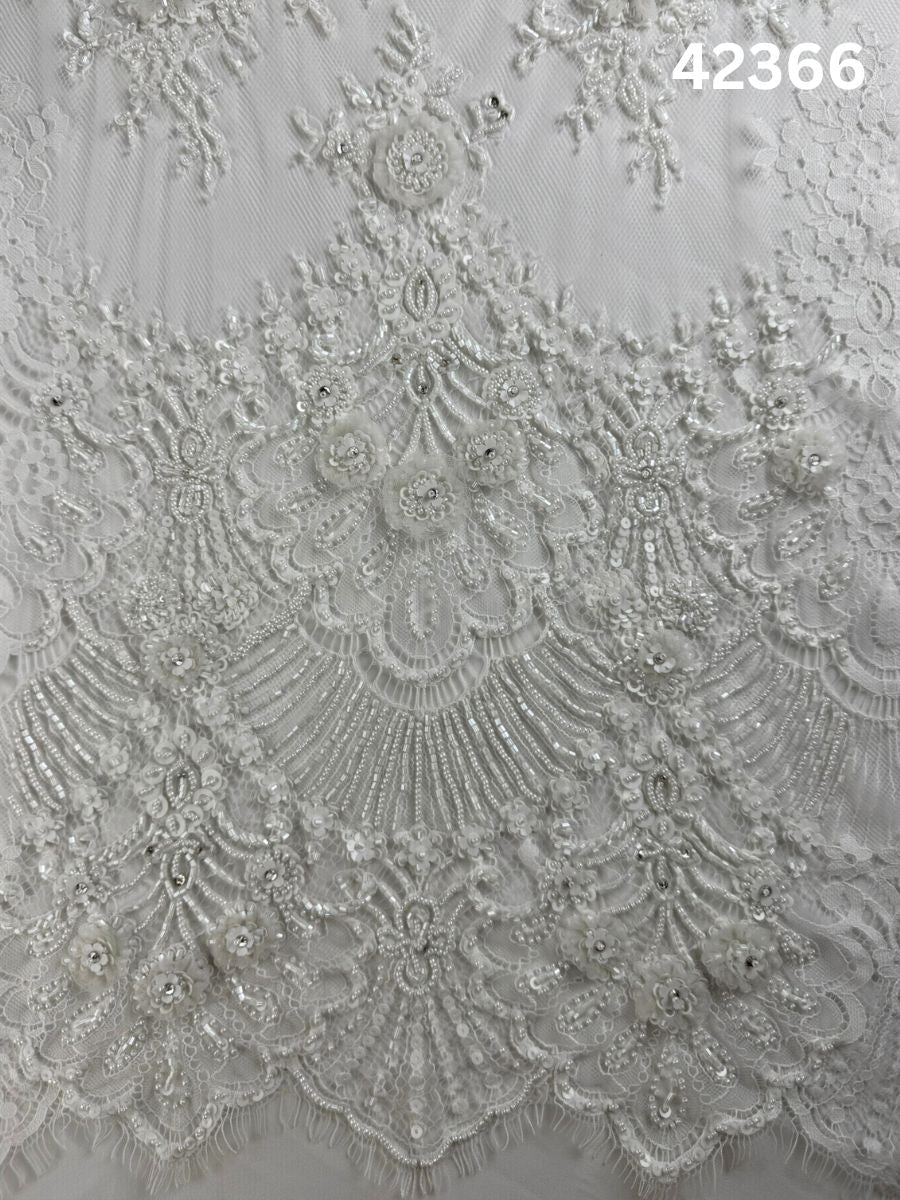 #42366 Luxurious Hand-Beaded Lace Fabric – Intricate Floral Design Adorned with Appliques, Sequins, Beads, and Pearls for Timeless Elegance
