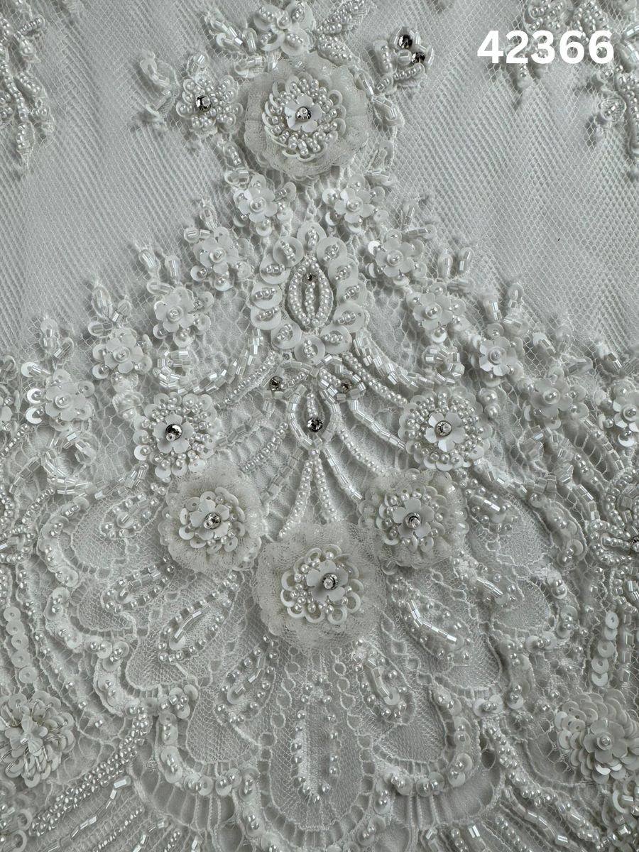 #42366 Luxurious Hand-Beaded Lace Fabric – Intricate Floral Design Adorned with Appliques, Sequins, Beads, and Pearls for Timeless Elegance