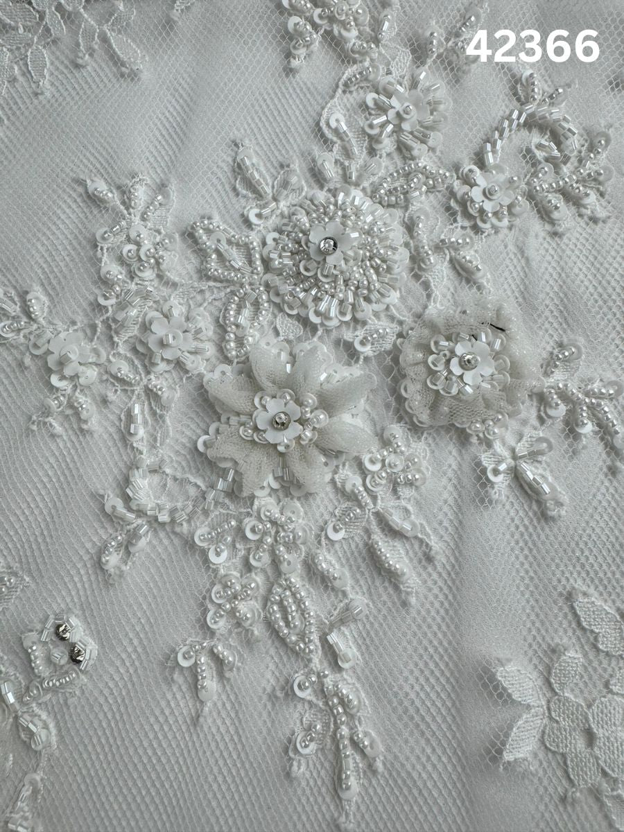 #42366 Luxurious Hand-Beaded Lace Fabric – Intricate Floral Design Adorned with Appliques, Sequins, Beads, and Pearls for Timeless Elegance