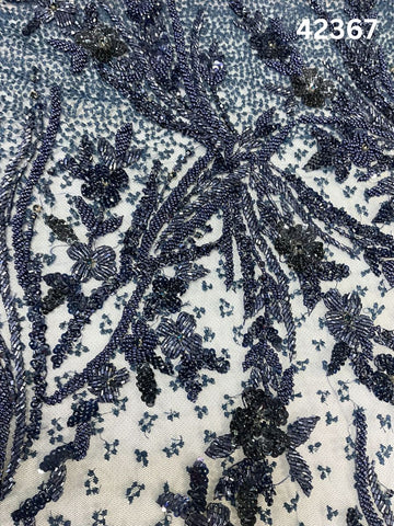 #42367 Navy Blue Hand-Beaded Fabric with Rhinestones & Beads