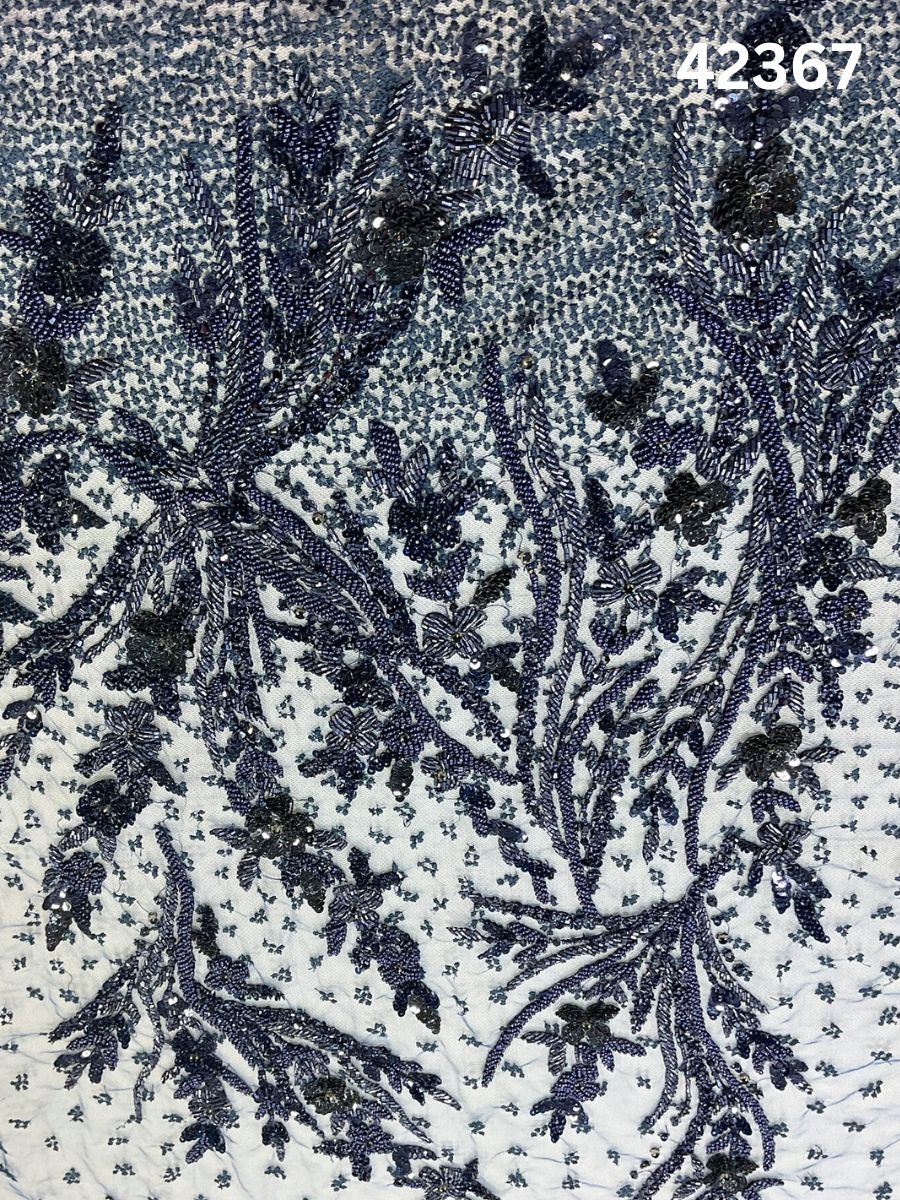 #42367 Navy Blue Hand-Beaded Fabric with Rhinestones & Beads