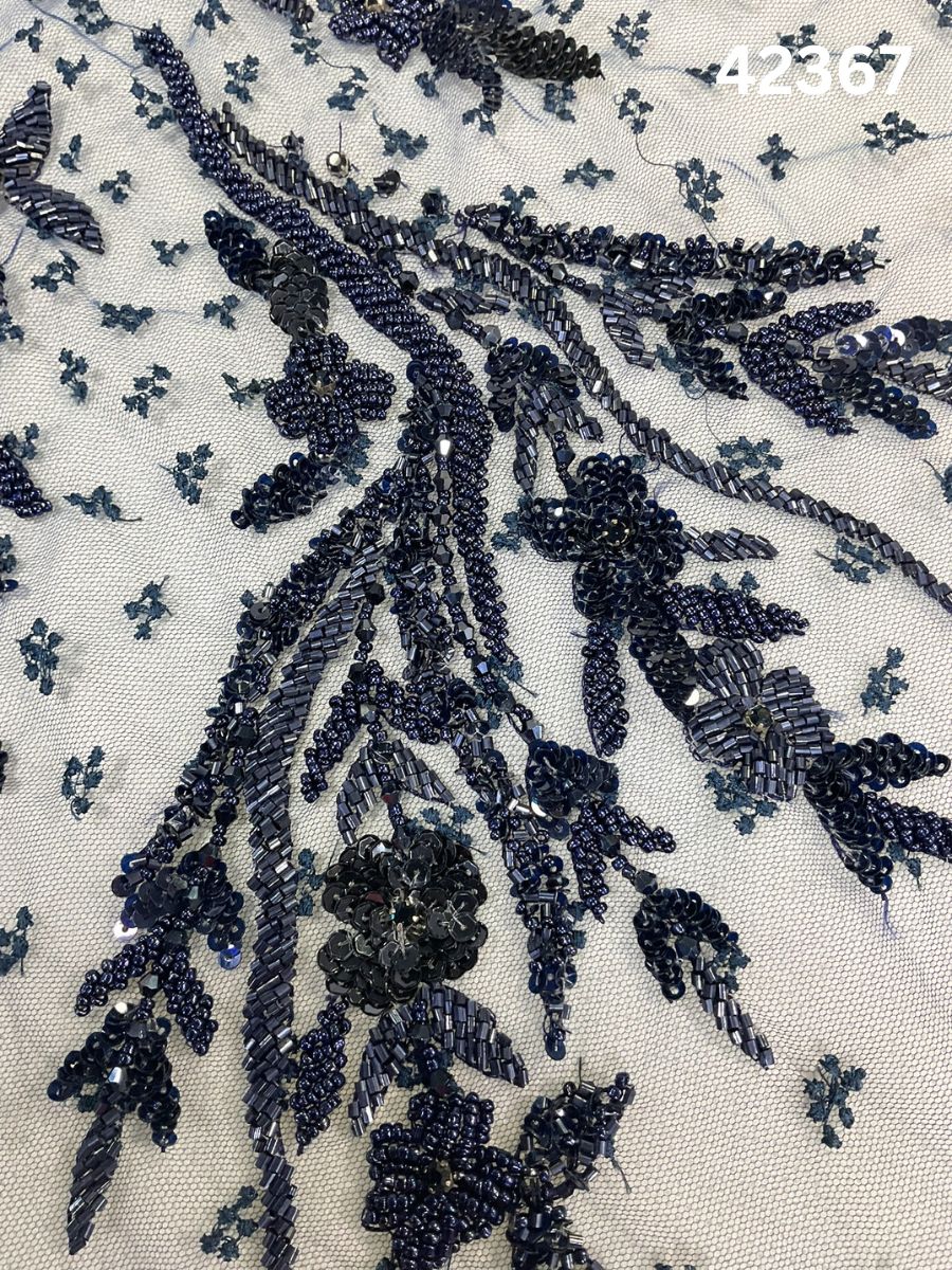 #42367 Navy Blue Hand-Beaded Fabric with Rhinestones & Beads