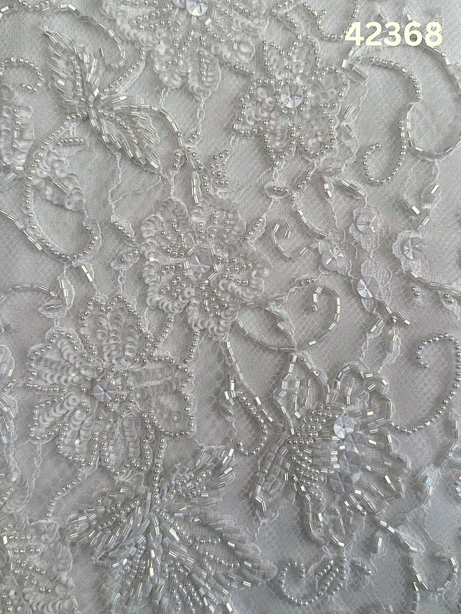 #42368 Elegant Hand-beaded Lace with Floral Design, Beaded with Pearls, Sequins, and Beads