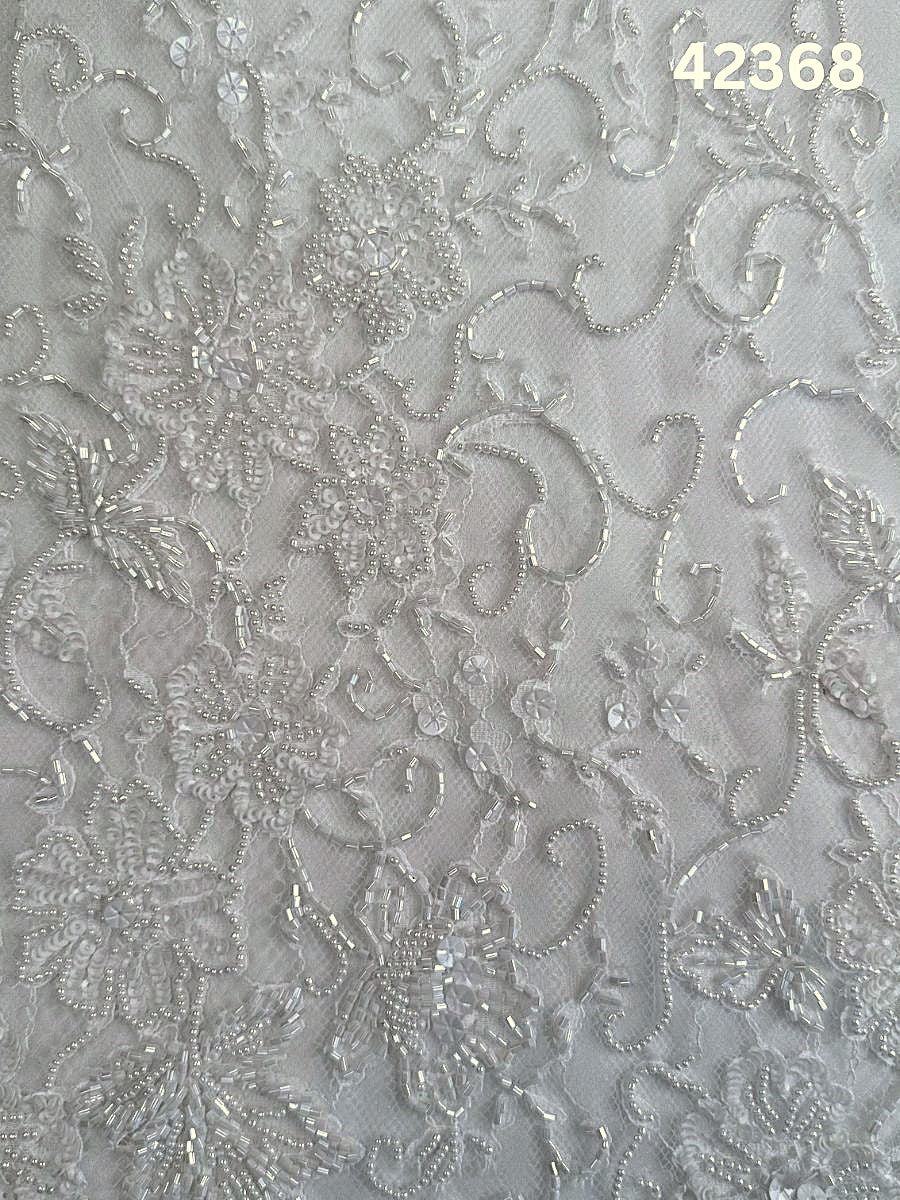 #42368 Elegant Hand-beaded Lace with Floral Design, Beaded with Pearls, Sequins, and Beads