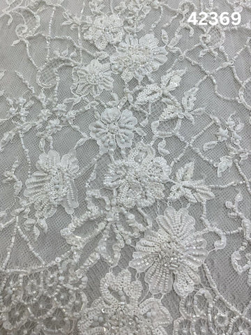 #42369 Ivory Hand-Beaded Floral Lace with Artisanal Beads on Delicate Tulle