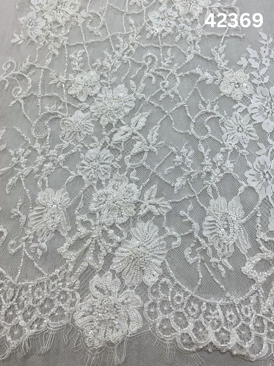 #42369 Ivory Hand-Beaded Floral Lace with Artisanal Beads on Delicate Tulle