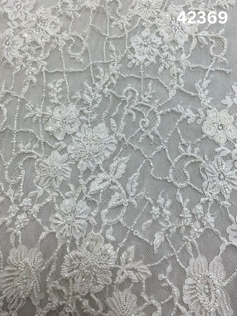 #42369 Ivory Hand-Beaded Floral Lace with Artisanal Beads on Delicate Tulle