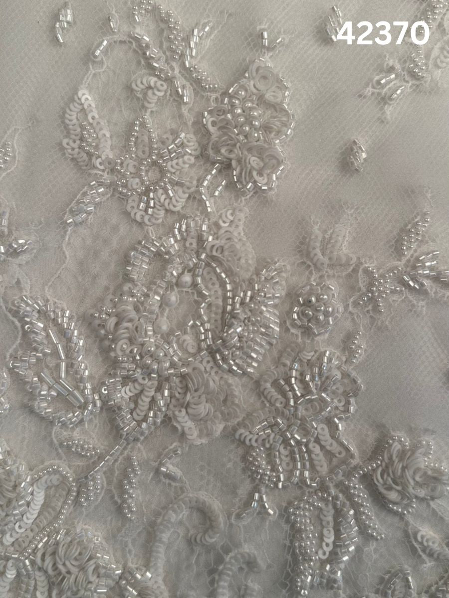 #42370 Luxurious French Lace with Floral Design, Beaded with Pearls, Sequins, and Delicate Beads – Ideal for Bridal Gowns, Couture Dresses, and Special Occasion Fashion