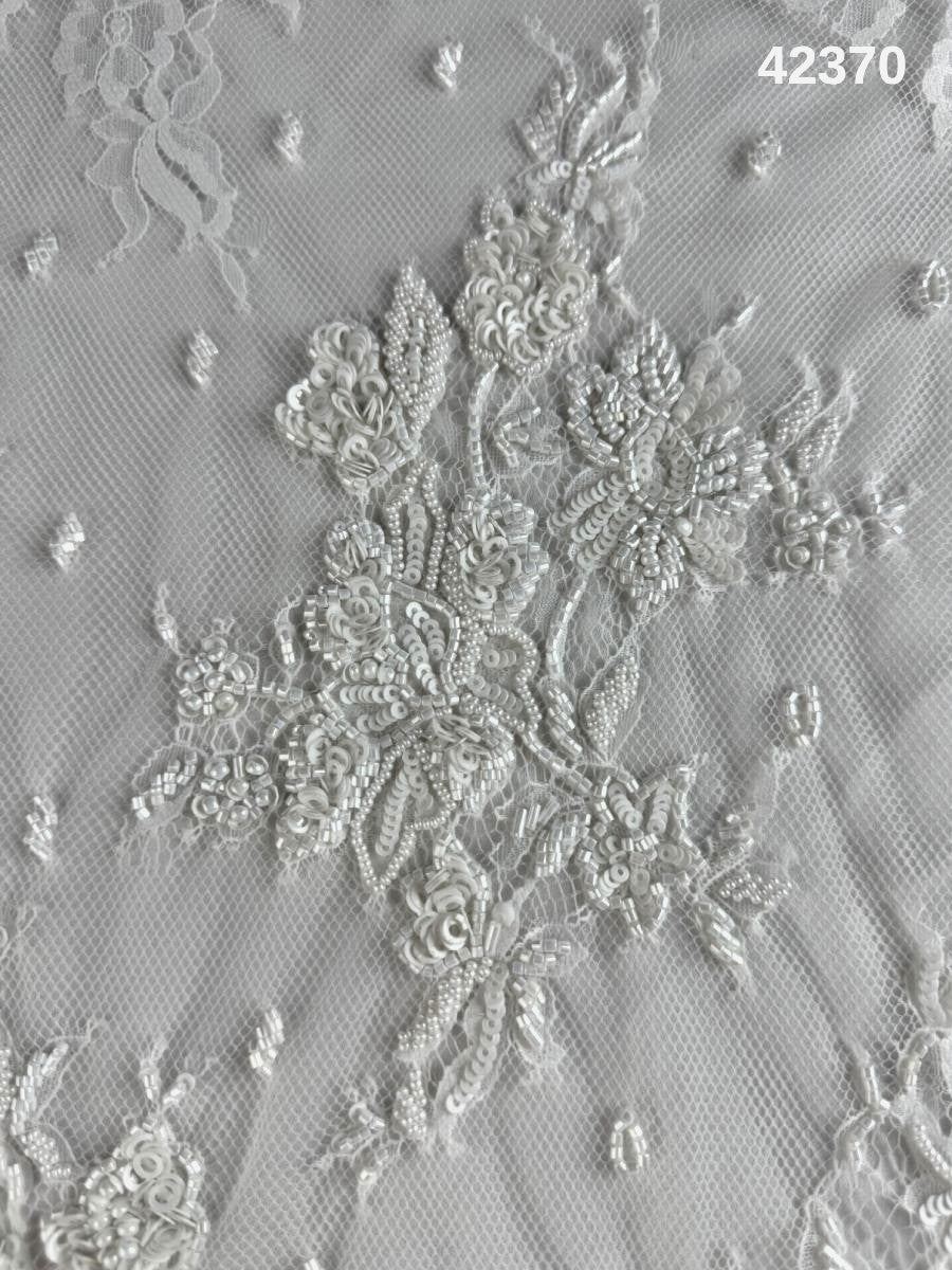 #42370 Luxurious Hand-beaded Lace with Floral Design, Beaded with Pearls, Sequins, and Delicate Beads – Ideal for Bridal Gowns, Couture Dresses, and Special Occasion Fashion