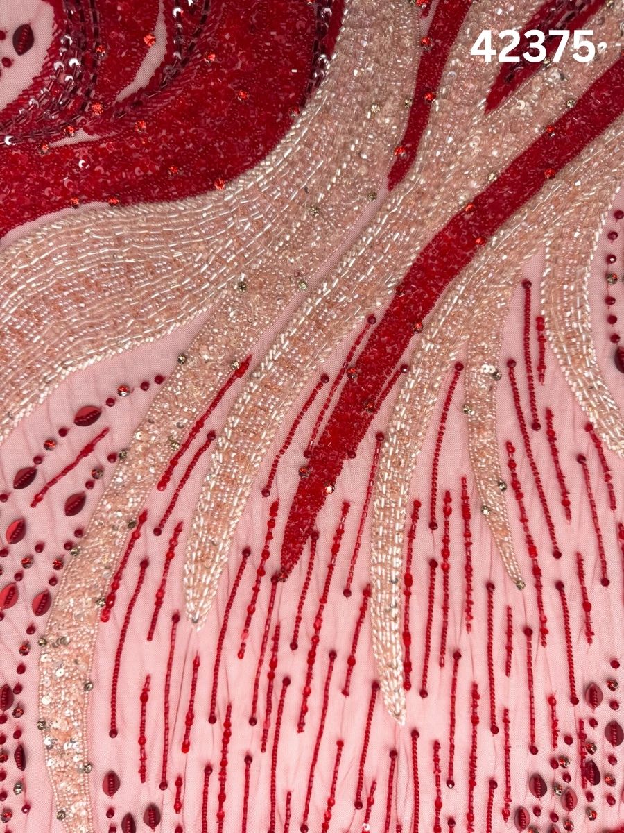 #42375 Luxurious Hand-Beaded Fabric in Abstract Design – Embellished with Intricate Beading, Crystals, Sequins & Rhinestones for Couture Gowns, Evening Wear & Bridal Fashion