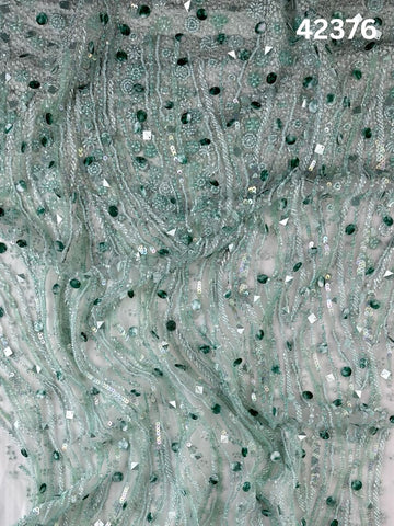 #42376 Mint Green Hand-Beaded Fabric with Fine Thread work, Sequins & Dimensional Beads