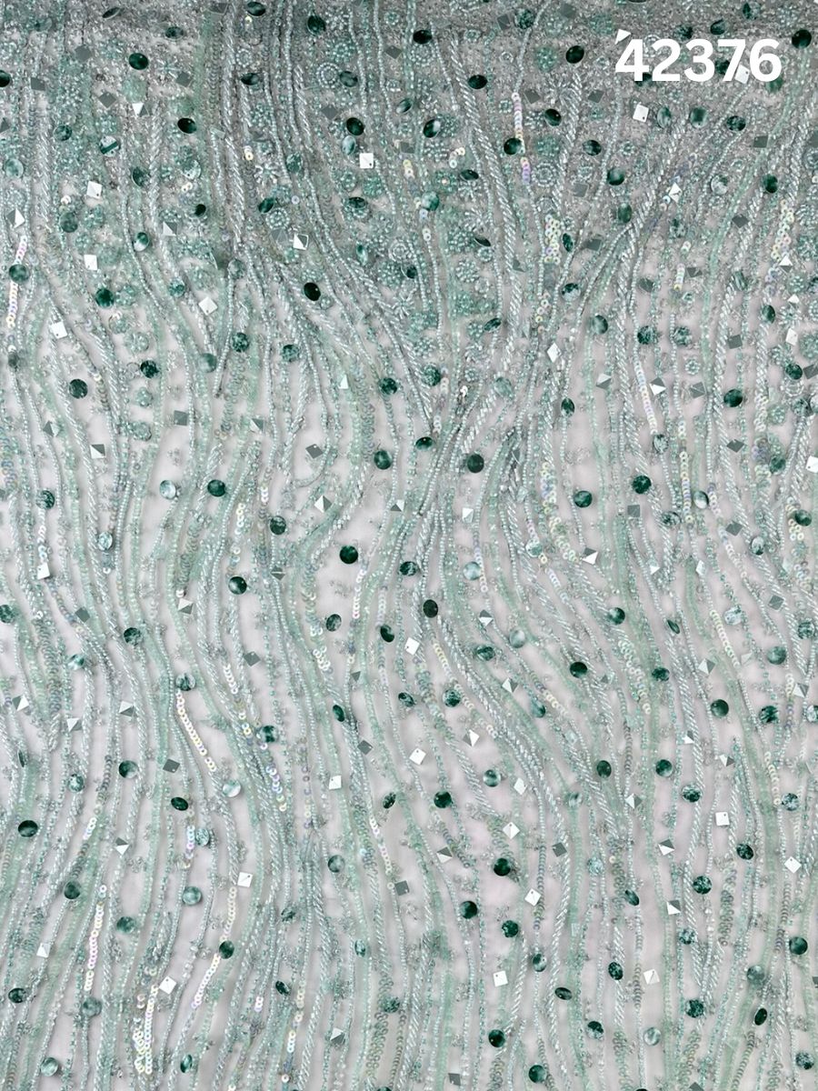 #42376 Mint Green Hand-Beaded Fabric with Fine Thread work, Sequins & Dimensional Beads