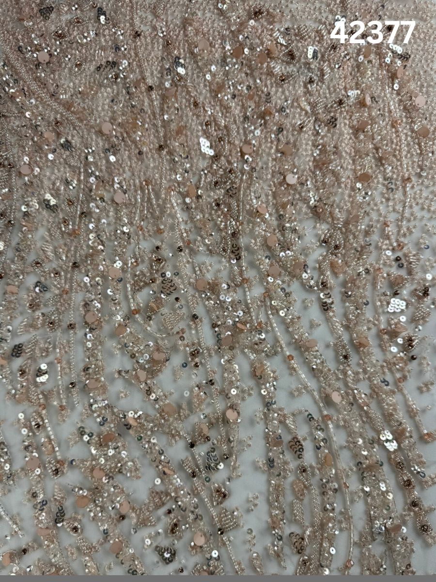 #42377 Exquisite Hand-Beaded & Machine-Worked Fabric – Intricate Abstract Design Enhanced with Thread Work, Sequins, Crystals, and Beads for Luxurious Creations