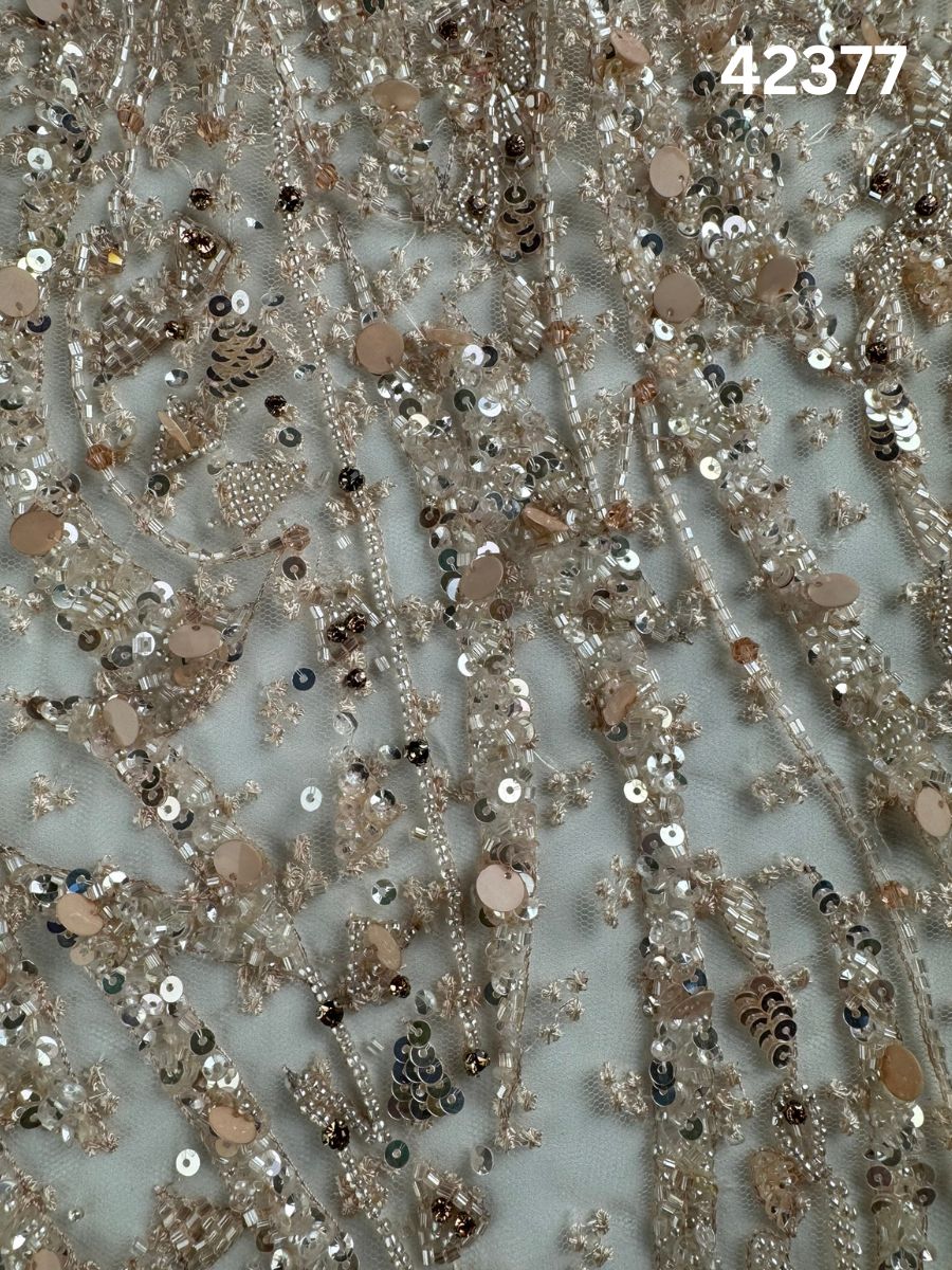 #42377 Exquisite Hand-Beaded & Machine-Worked Fabric – Intricate Abstract Design Enhanced with Thread Work, Sequins, Crystals, and Beads for Luxurious Creations