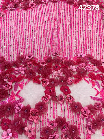 #42378 Pink Floral Hand-Beaded Fabric with Appliqué, Rhinestones, Sequins & Beads