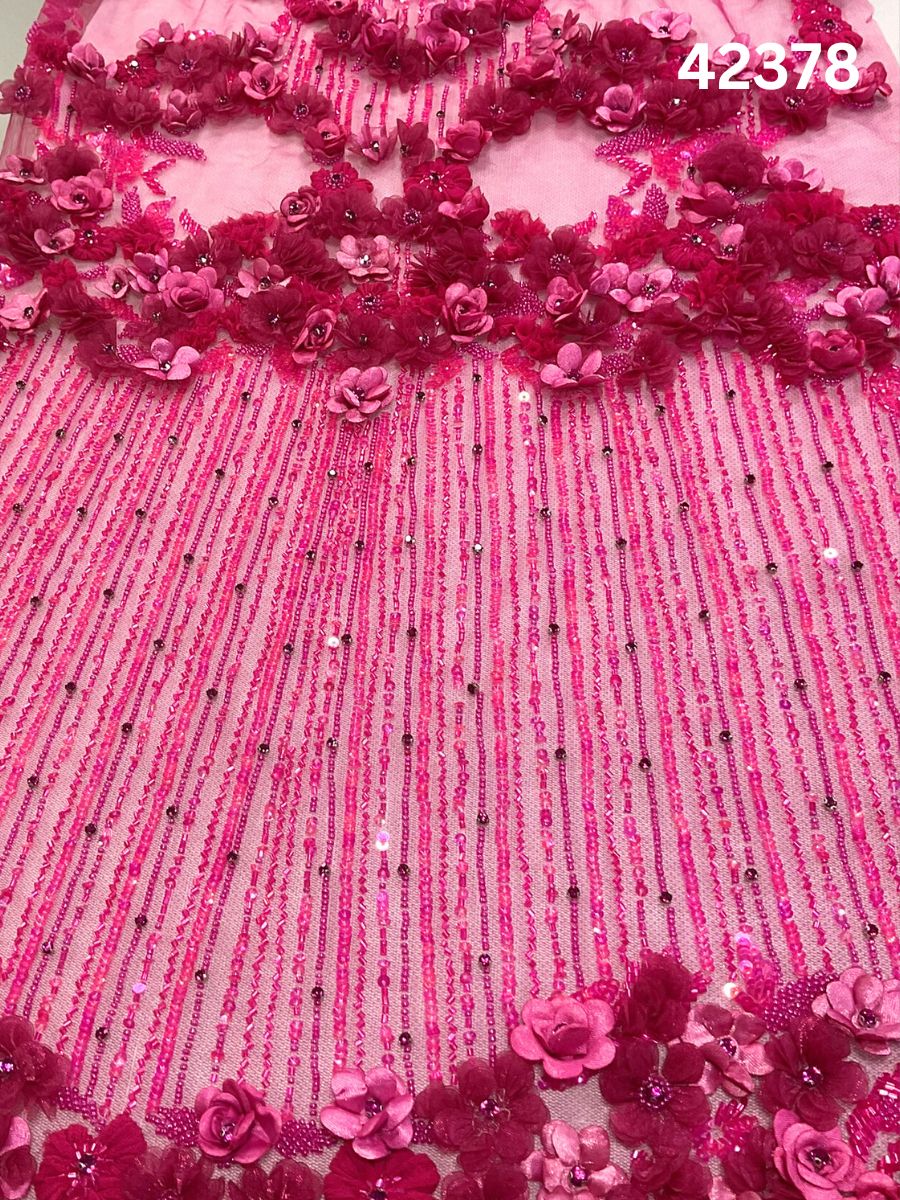 #42378 Pink Floral Hand-Beaded Fabric with Appliqué, Rhinestones, Sequins & Beads