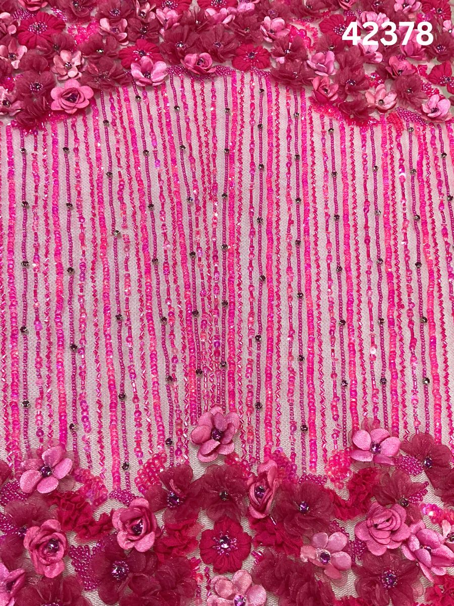#42378 Pink Floral Hand-Beaded Fabric with Appliqué, Rhinestones, Sequins & Beads