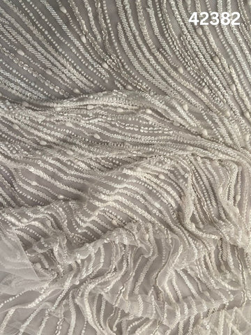 #42382 Luxurious Hand-Beaded Fabric – Intricate Geometric Design Embellished with Beads, Sequins, Pearls, and Crystals for Couture and Bridal Elegance