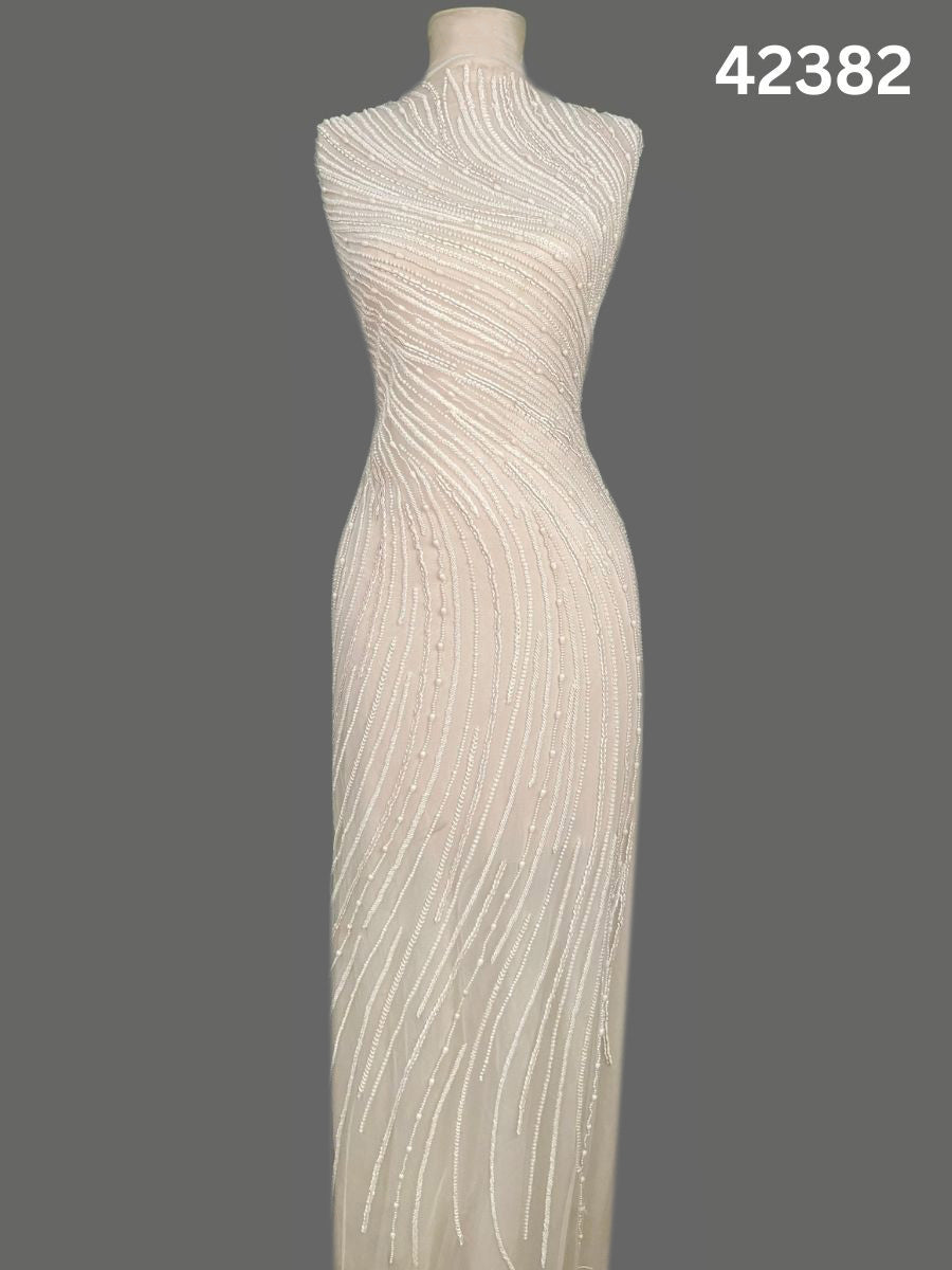 #42382 Luxurious Hand-Beaded Fabric – Intricate Geometric Design Embellished with Beads, Sequins, Pearls, and Crystals for Couture and Bridal Elegance