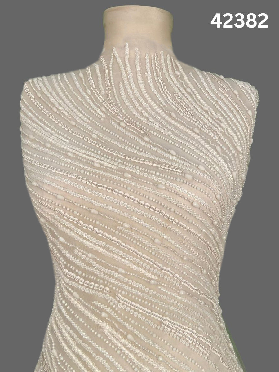#42382 Luxurious Hand-Beaded Fabric – Intricate Geometric Design Embellished with Beads, Sequins, Pearls, and Crystals for Couture and Bridal Elegance