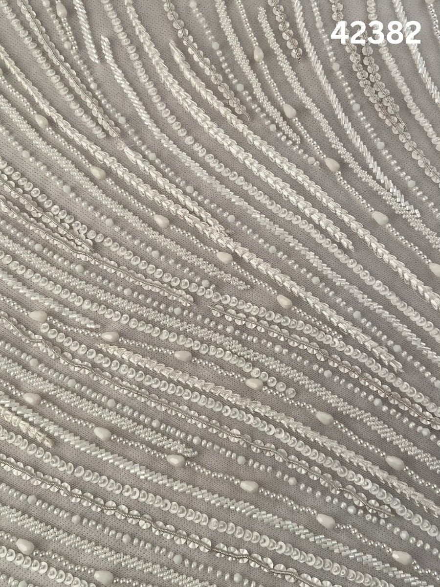 #42382 Luxurious Hand-Beaded Fabric – Intricate Geometric Design Embellished with Beads, Sequins, Pearls, and Crystals for Couture and Bridal Elegance